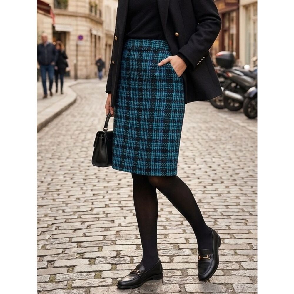 Take 50% OFF- Notations Teal and Black Plaid Pencil Skirt - Women, Size-6